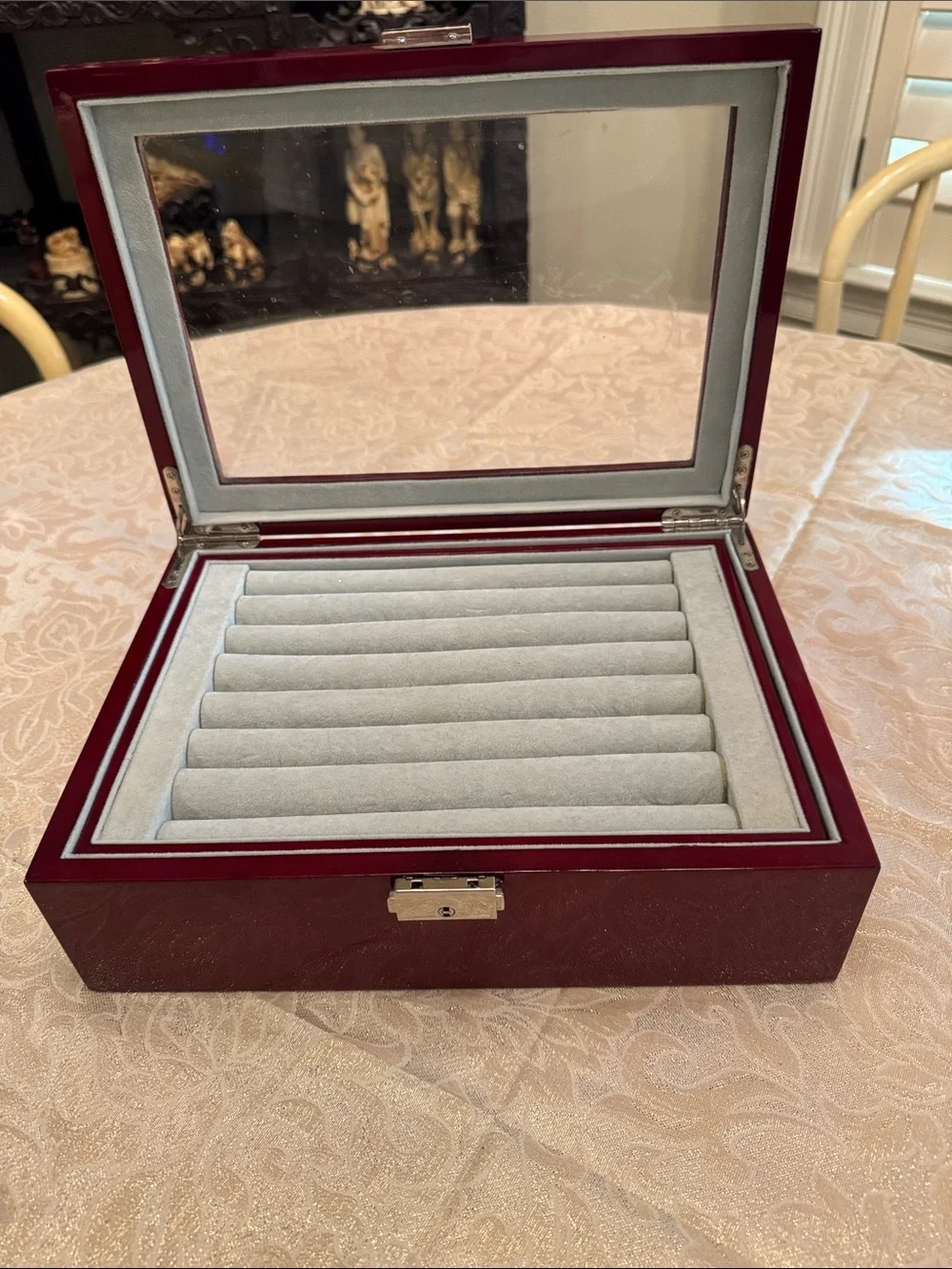 Double Layer Glass-Top Mahogany Cufflink and Ring Felt Bottom Jewelry Box